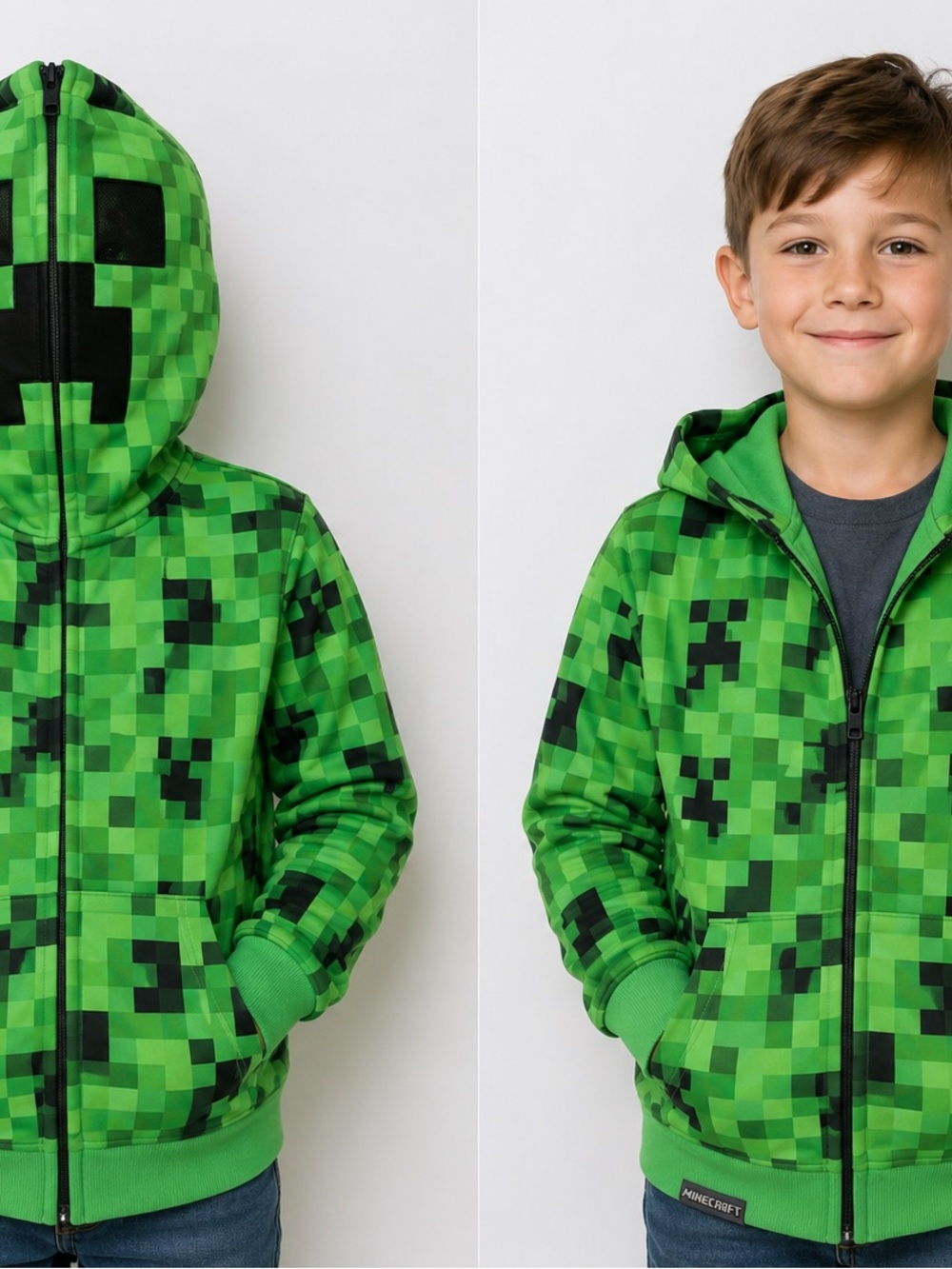 🟩 Official Minecraft Creeper Zip Hoodie – Youth Large